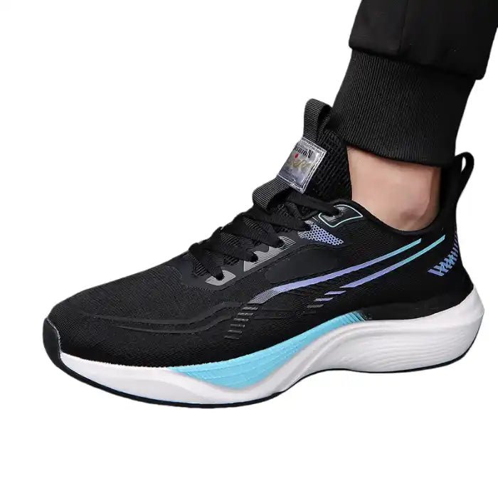 Men’s Cushioned Running Sneakers | Breathable Upper + Thick Sole | Black/Blue - Flyon