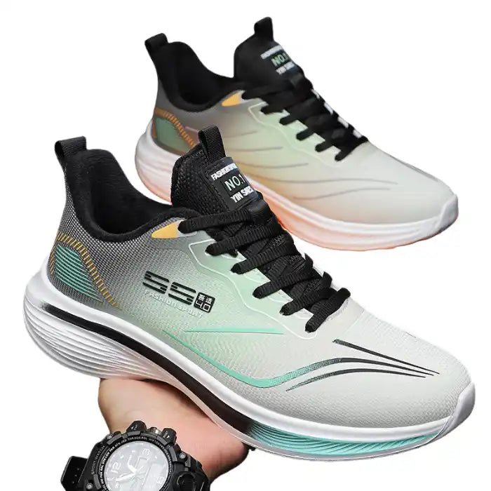 Men’s Gradient Knit Running - Style Sneakers | Cushioned Thick Sole | Grey/White - Flyon