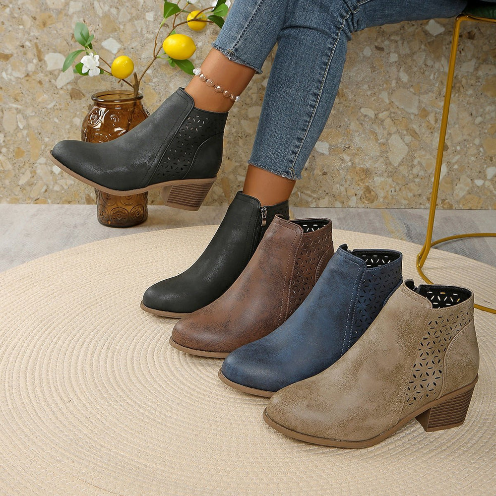Women's Chunky Mid - Heel Slip - On Leather Orthopaedic Ankle Boots - Flyon