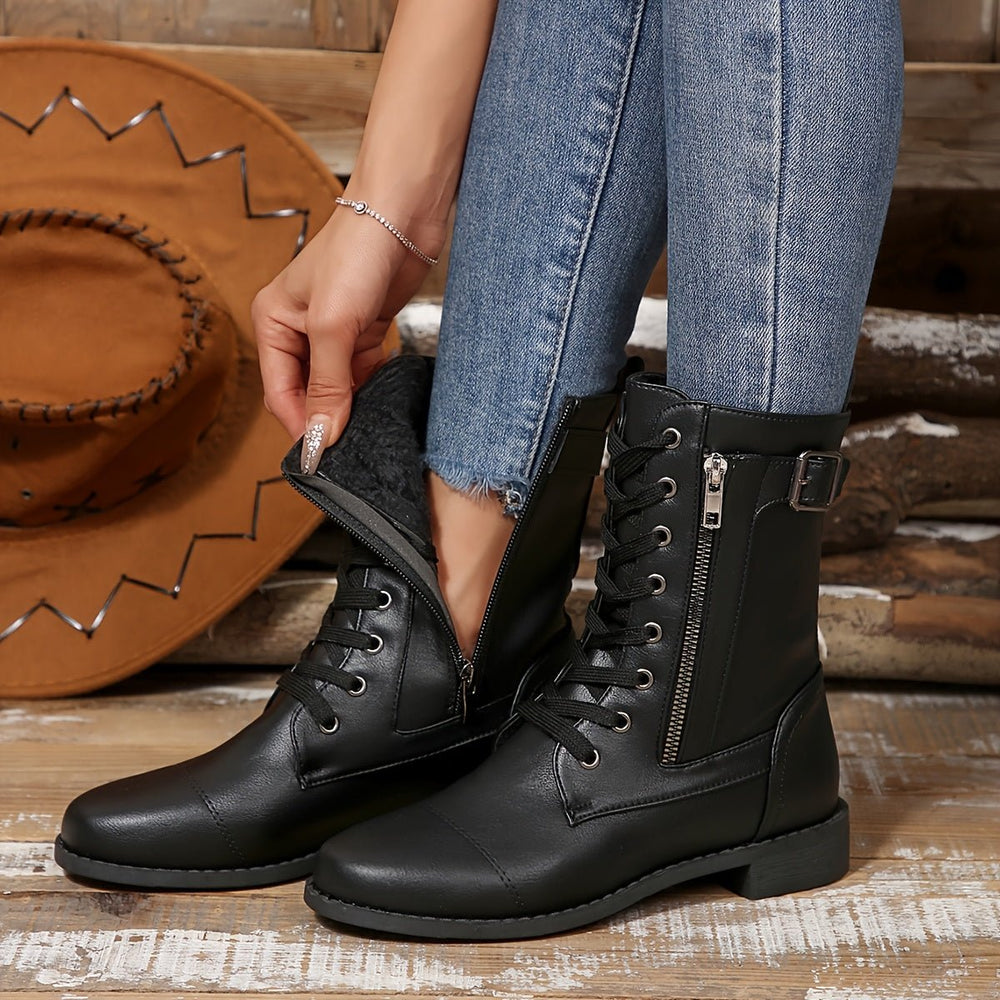 Women's Elegant Zipper Mid - Calf Leather Boots - Flyon