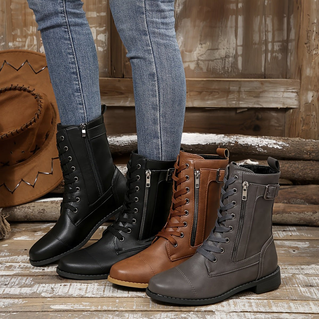 Women's Elegant Zipper Mid - Calf Leather Boots - Flyon