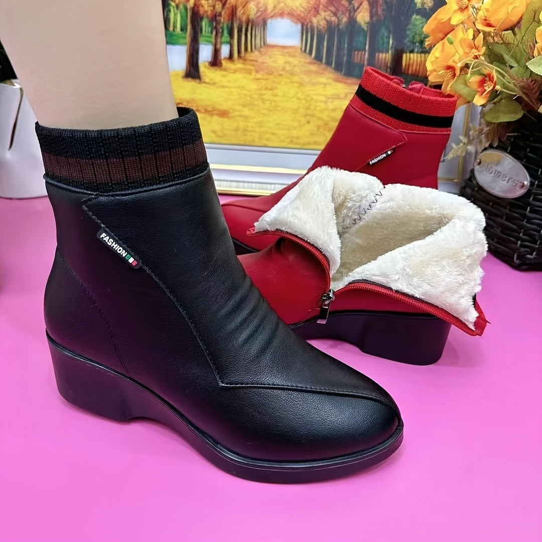 Women's Winter Warm Fleece Leather Ankle Boots - Flyon