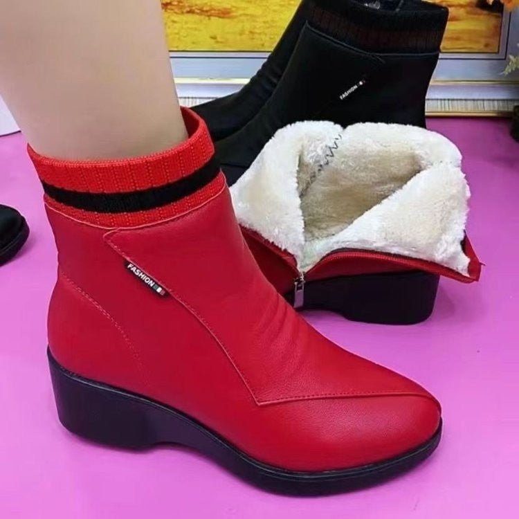Women's Winter Warm Fleece Leather Ankle Boots - Flyon